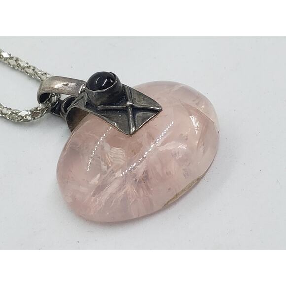 Sterling Silver 925 Rose Quartz & Garnet Cabochon Necklace On Snake Chain - Picture 5 of 13